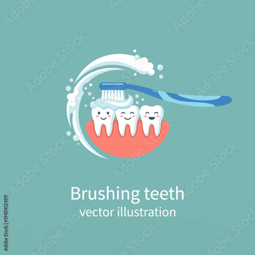 This playful illustration shows three smiling teeth being brushed with a toothbrush, promoting children's oral hygiene in a fun and engaging way for good dental health habits.