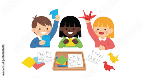 Three diverse children happily learn and create various origami figures using colorful paper and instruction diagrams, showcasing their finished paper crafts.