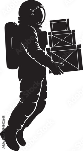 Astronaut carrying stacked boxes in silhouette space delivery concept