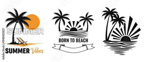 A collection of tropical beach themed designs featuring palm trees sunsets and summer text