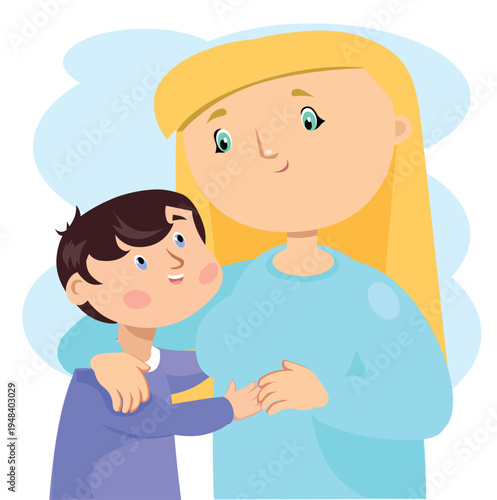 Beautiful mother embracing her small son, happy motherhood and family bonding.