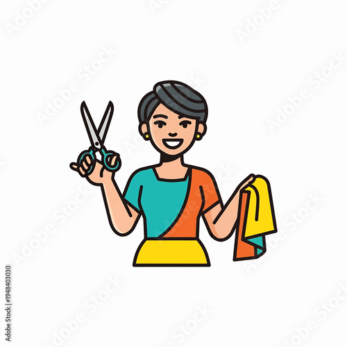 Woman barber or tailor with scissors and fabric