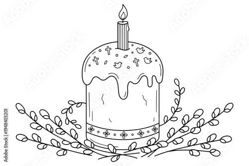 Contour drawing of Easter cake with candle and willow branches. Easter bread, traditional sweet pastry of cylindrical shape. Drawing is made in black. Vector illustration