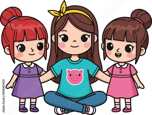 Cartoon set of three happy little girls sitting together expressing friendship and sisterhood for childhood family and education concept design
