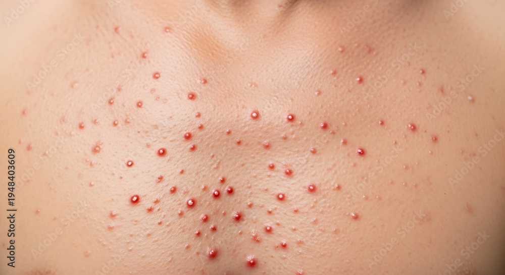 Fototapeta premium A close up view of a person chest area showing significant skin irritation with multiple red pimples