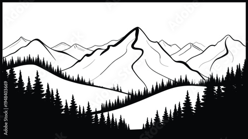 Minimalist mountain landscape vector illustration featuring black and white pine forest silhouettes and majestic peaks for outdoor adventure branding, t-shirt design, and nature travel posters.