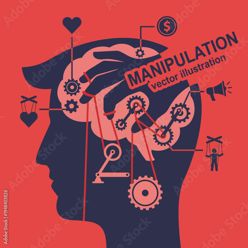 This striking illustration represents manipulation through visual metaphors like gears and handles, showcasing the complex interplay of emotions and control in human psychology.