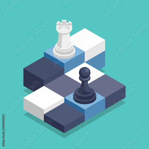 An intricate isometric design featuring a chessboard with strategic pieces symbolizes intellect, competition, and the complexity of decision-making in life and games.