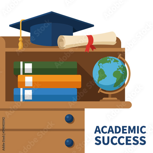 This cheerful illustration showcases academic success with a graduation cap, books, and a globe, symbolizing achievement in education and global knowledge.