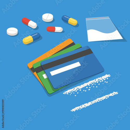 This provocative illustration juxtaposes drugs and credit cards, highlighting the dangers of addiction and financial irresponsibility in a contemporary societal context.
