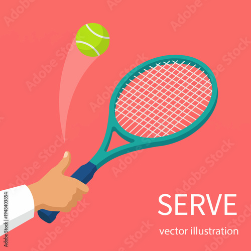 A dynamic tennis serve illustration showcasing a player’s hand about to hit a flying ball with a racket. It captures the energy and excitement of the tennis sport.