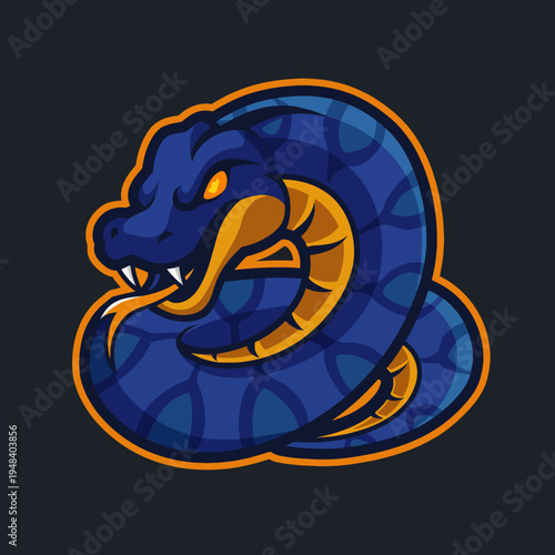 A striking cobra snake logo featuring bold colors and fierce expression highlights themes of strength and danger, ideal for sports, gaming, or brand representations.