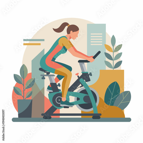 A vibrant illustration of a person exercising vigorously on an indoor cycling bike amidst a modern, abstract background filled with greenery and architecture elements.