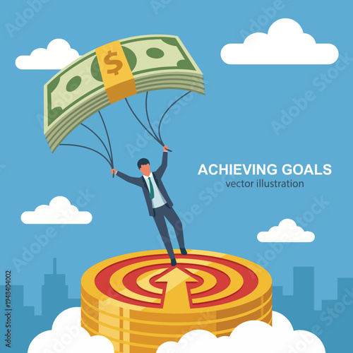 A determined businessman is seen parasailing on oversized dollar bills, creatively illustrating the pursuit of financial success and the challenges of achieving personal goals.