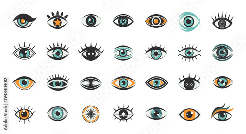 Diverse Set of Colorful Stylized Human Eyes with Various Expressions, Isolated White Background