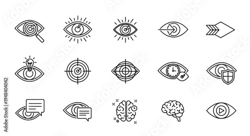 Extensive Collection of Conceptual Line Art Eye Icons for Vision, Mind and Communication, Isolated White Background