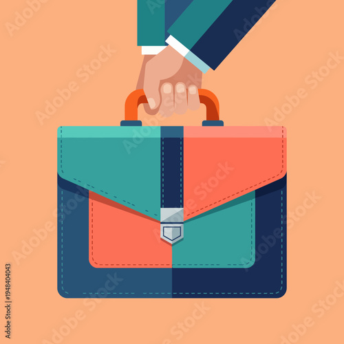 A modern, colorful briefcase carried by a suited hand symbolizes professionalism, readiness, and the importance of business in today's competitive world of work and opportunities.