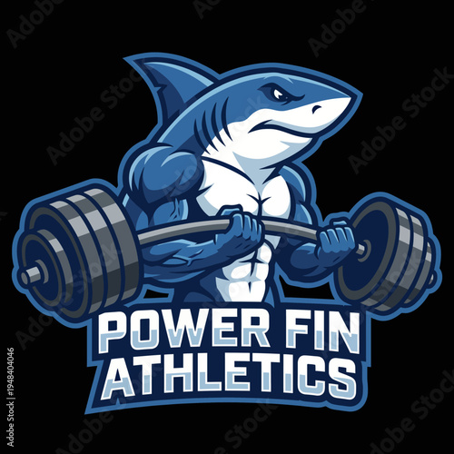 A fierce shark character lifting weights showcases power and strength, perfect for fitness brands, gyms, or athletic events, emphasizing determination and physical excellence.