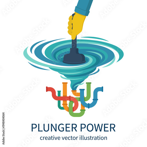 This vibrant illustration of a plunger creating motion in colorful pipes depicts plumbing and problem-solving themes, emphasizing creativity and professionalism in home maintenance.