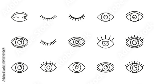 Minimalistic Line Art Human Eyes Set with Various Expressions, Isolated White Background