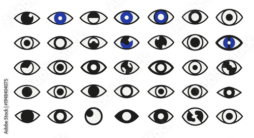 Diverse Set of Human Eyes with Different Expressions and Blue Irises, Isolated White Background