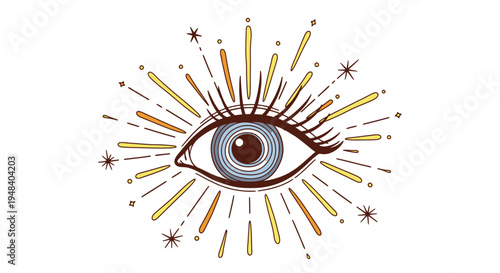 Mystical eye with sunburst rays and stars, isolated white background