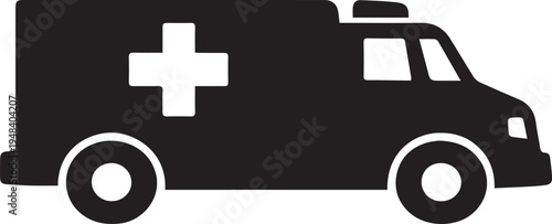 A minimalist black and white icon silhouette of an emergency medical services ambulance vehicle