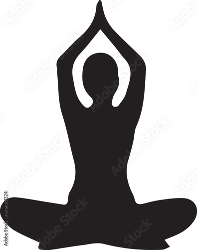 A minimalist black silhouette of a person practicing yoga in a seated lotus pose with arms raised