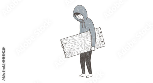 Sad person in hoodie carrying blank sign, line art illustration on isolated white background