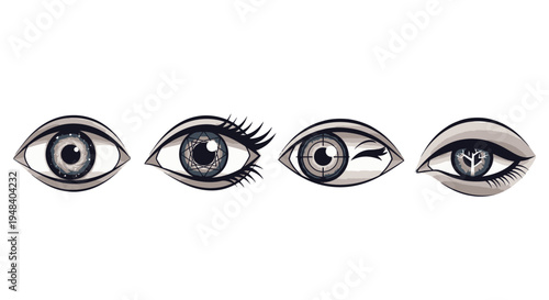 Set of four realistic monochrome eye illustrations, isolated white background