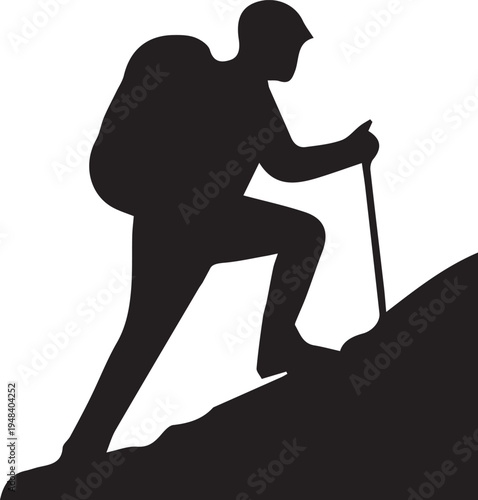 A black silhouette of a hiker with a backpack climbing up a steep mountain path with a walking pole