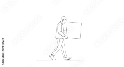 Man walking carrying blank box in continuous line art style, isolated white background