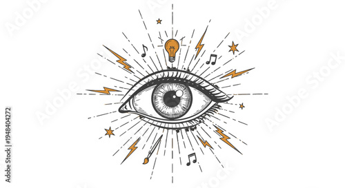 Stylized human eye with mystic rays, stars, music notes, and a light bulb, on isolated white background.