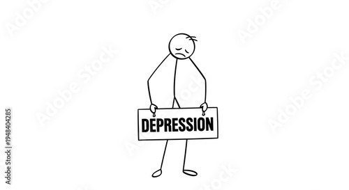 Sad stick figure man holding a sign with D-E-P-R-E-S-S-I-O-N text, on isolated white background.