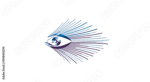 Abstract stylized human eye with energetic rays emanating, on isolated white background.