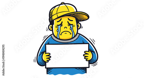 Cartoon man crying and holding a blank sign, wearing a yellow cap and blue shirt, on isolated white background.