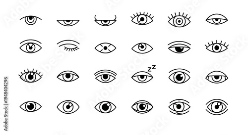 Set of various line art human eye expressions and states, on isolated white background.
