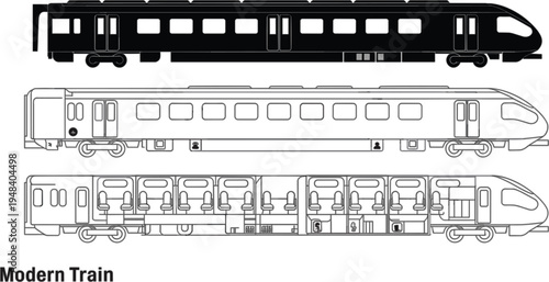 Modern high speed passenger train vector set featuring silhouette and line art exterior views with interior seating layout for public transportation logistics, urban transit systems, 