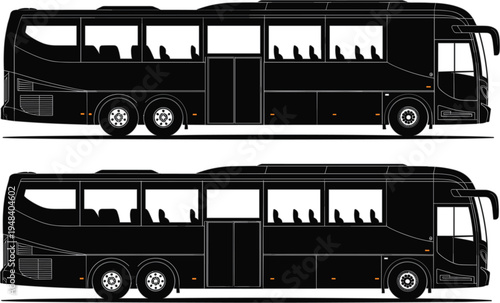 Modern long distance travel bus vector silhouette set featuring side view passenger coach icons for tourism transport and commercial logistics design.