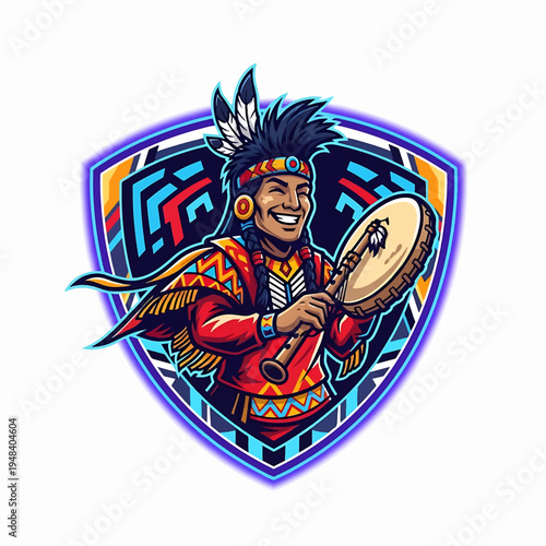 Native American drummer in colorful ceremonial attire playing drum