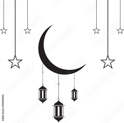 Islamic crescent moon with hanging stars and lanterns PNG , minimalist Ramadan Eid decoration vector 2026