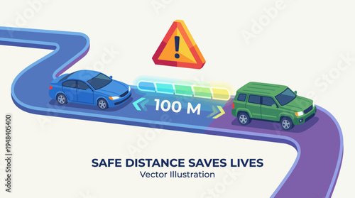 The image illustrates two cars maintaining a safe distance on a winding road, emphasizing road safety, awareness, and the importance of responsible driving habits.