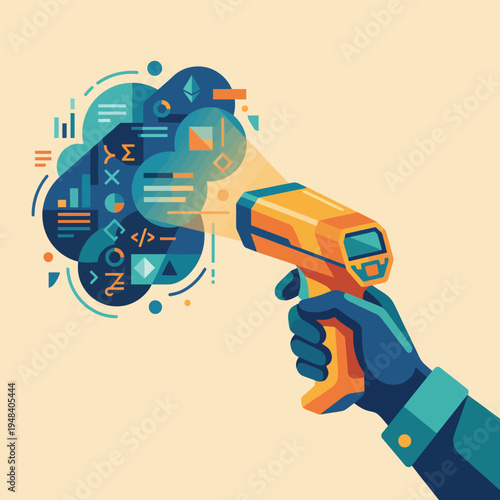 A handheld scanner projects vibrant data visualizations, symbolizing the fusion of technology and analytics to inspire innovative business solutions and efficiency.