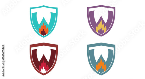 Collection of Four Stylized Shields Featuring a Fiery Letter W Emblem in Various Color Schemes, Representing Strength and Passion