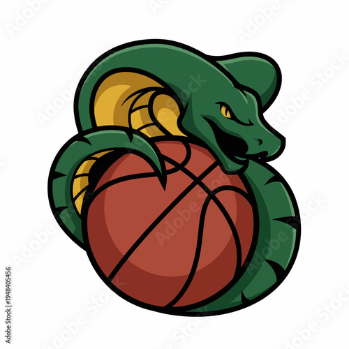 A creative emblem featuring a green serpent coiled around a basketball, symbolizing strength, agility, and team spirit for a vibrant sports identity.