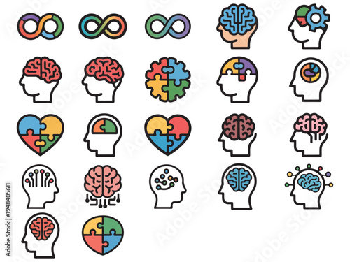 Neurodiversity and Mental Health Icon Set with Brain Infinity and Puzzle Symbols
