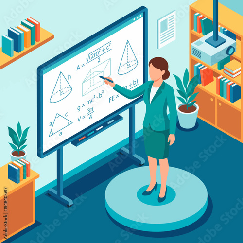 A teacher stands in front of an interactive screen, explaining geometry concepts while pointing at shapes and equations. Education, innovation, and technology are emphasized.