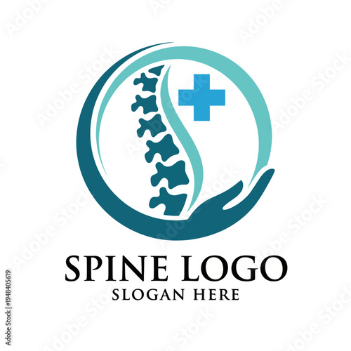 A spine logo design featuring a hand and a healthcare symbol, showcasing themes of wellness, medical care, and support for spine health, ideal for healthcare branding.