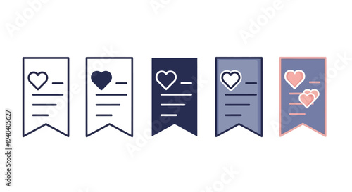 Collection of vector icons depicting bookmarked items or saved content, perfect for user interfaces, wish lists, or favorite sections in digital applications