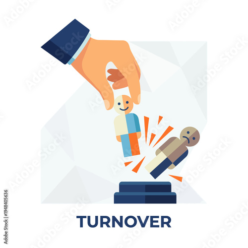 A creative illustration depicting the concept of turnover with figures, representing change and transformation in an engaging way, perfect for business or HR projects.